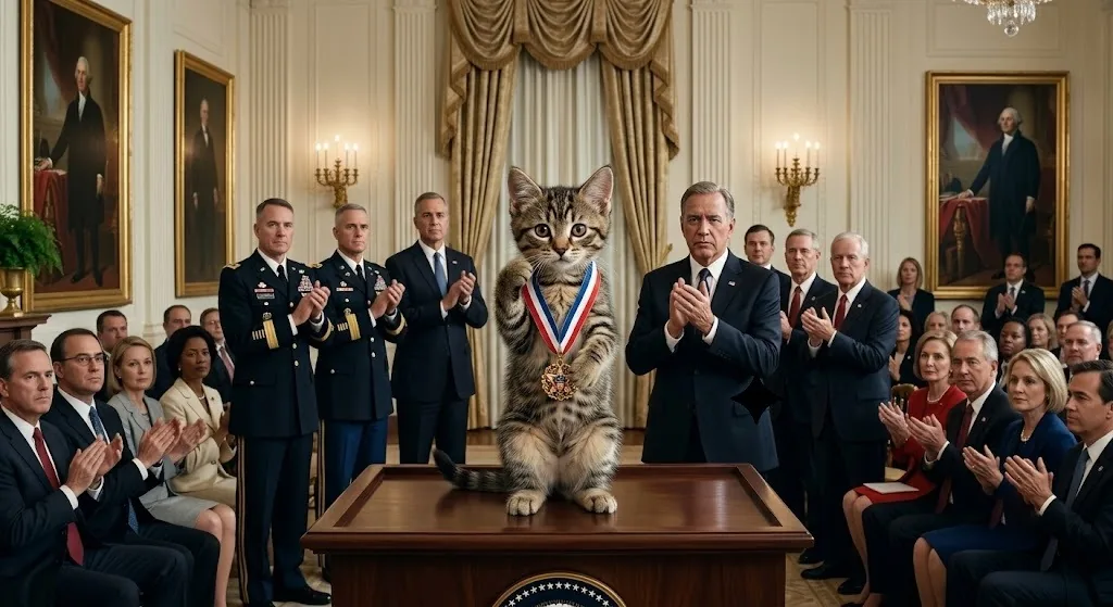 Cate receiving a medal in a formal ceremony